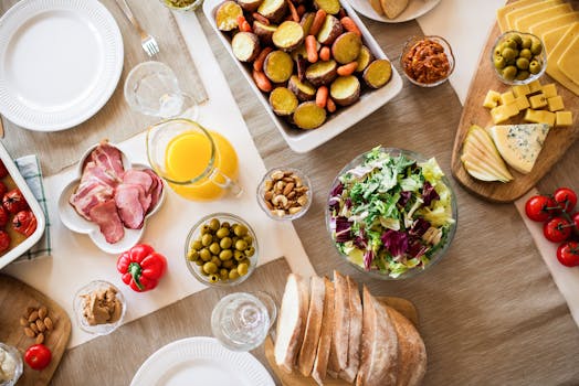 healthy breakfast spread with fruits and nuts