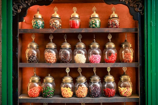 colorful jars of snacks on a shelf